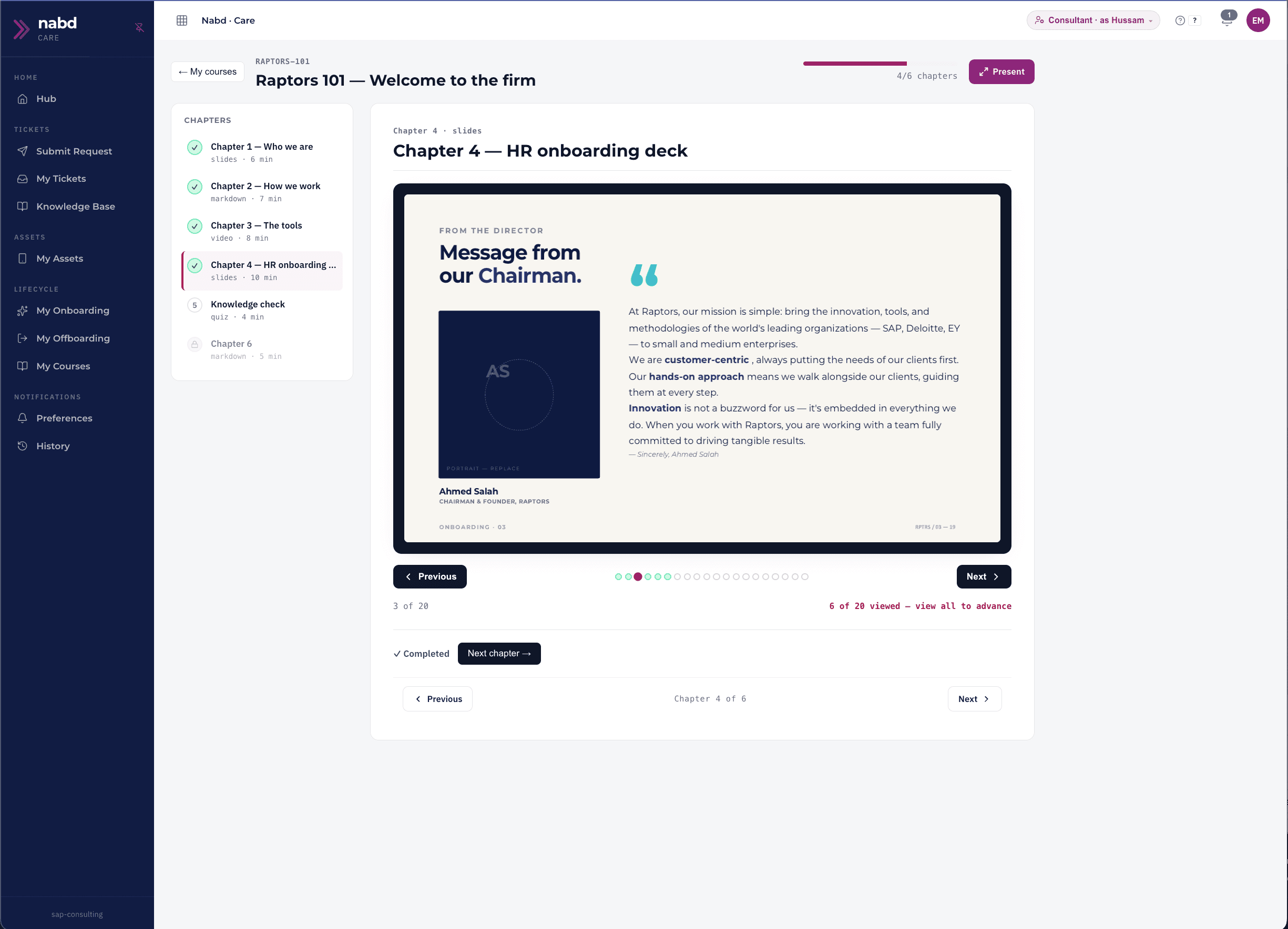nábd Care learning view showing a course with its chapters and completion progress.
