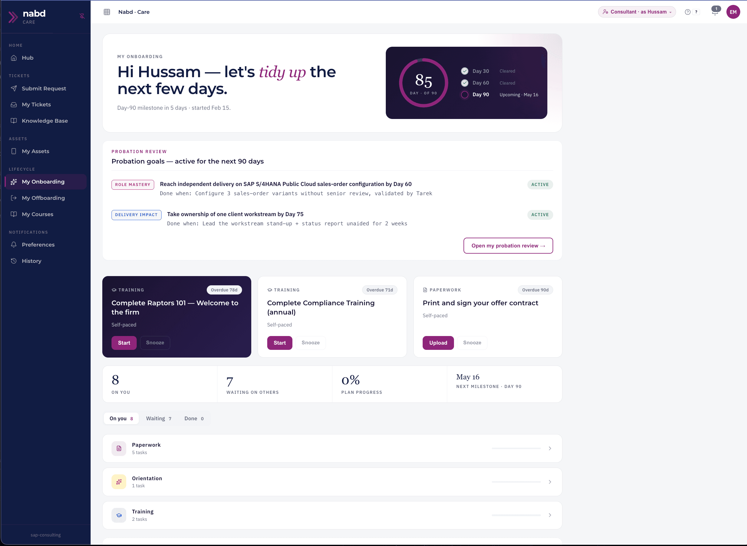 nábd Care onboarding view showing day 30, 60 and 90 milestones, probation goals and outstanding onboarding tasks.