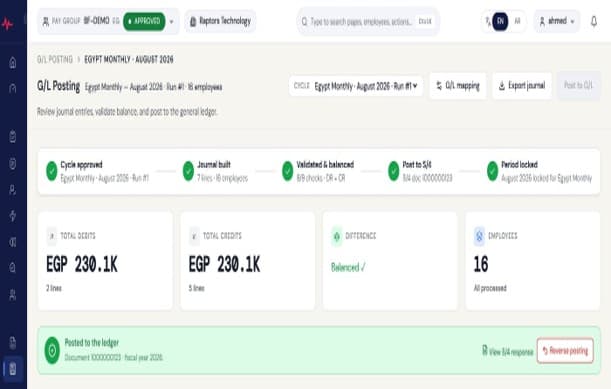 nábd Pay ledger posting view showing a balanced accounting entry and its posting reference for one pay period.