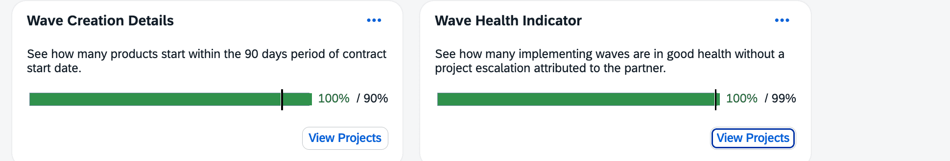 SAP for Me: Wave Health Indicator showing Raptors at 100%, above SAP's 99% partner benchmark
